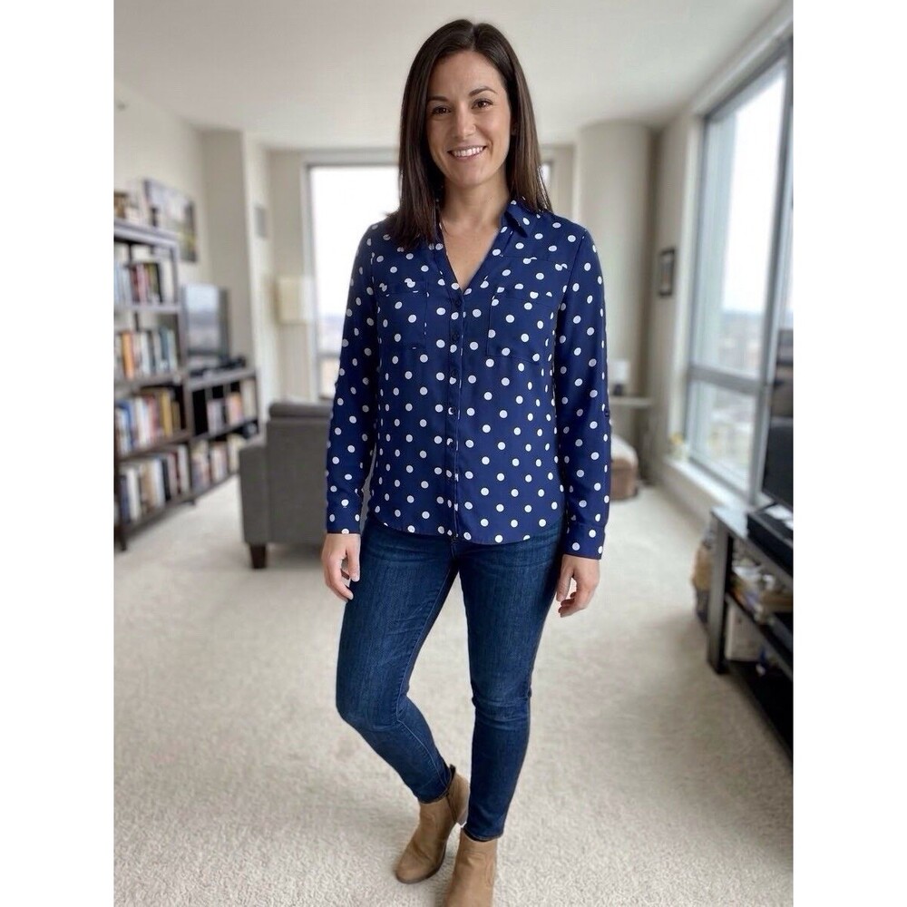 EXPRESS The Portofino Shirt Womens Small Slim Fit Navy Blue White Polka Dot Top
